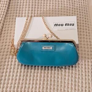 Miu Miu Blue Patent Mini Clutch - Crossbody with Gold Chain